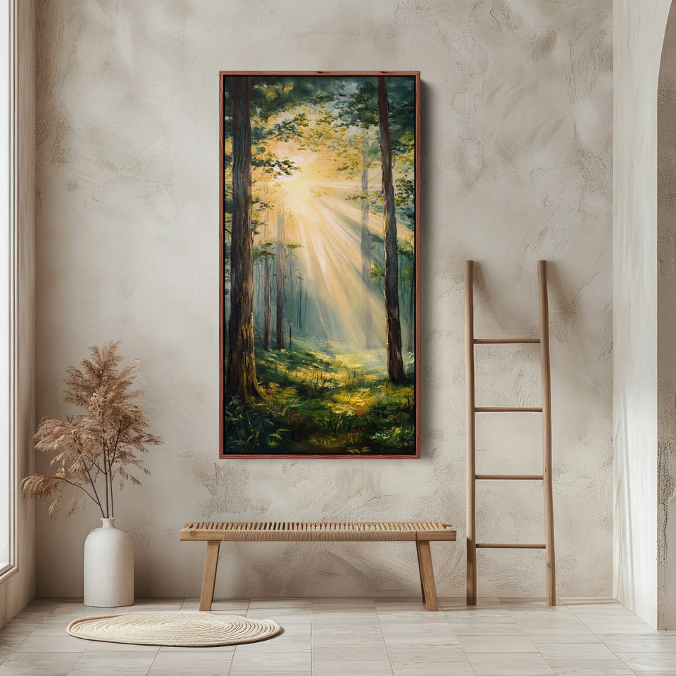 Sunlit Forest Rays Tall Wall Art Vertical Canvas For Bedroom