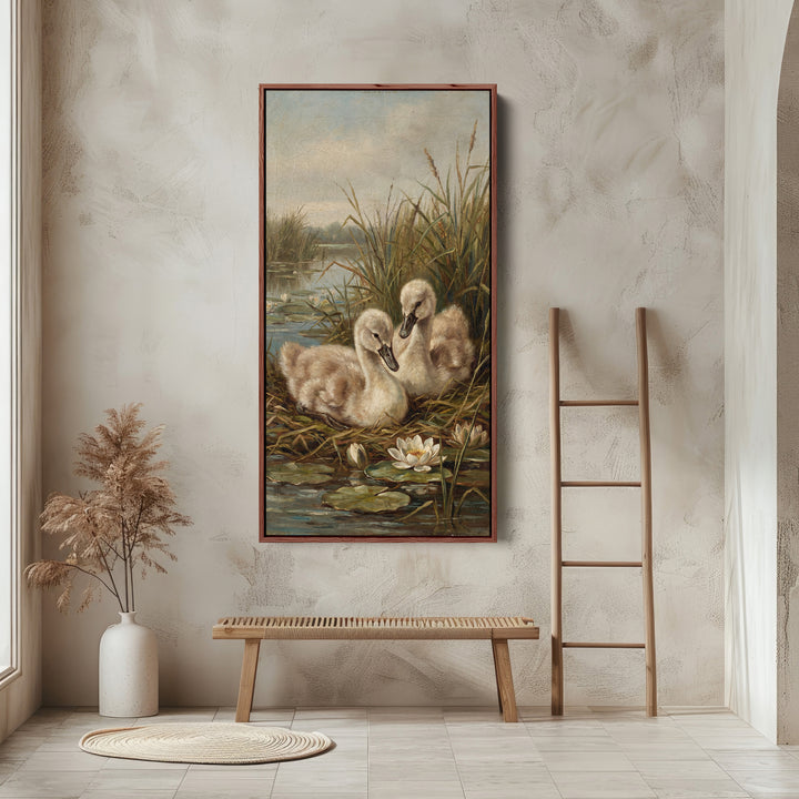 Swan Cygnets Pond Tall Narrow Canvas Vertical Canvas For Bedroom