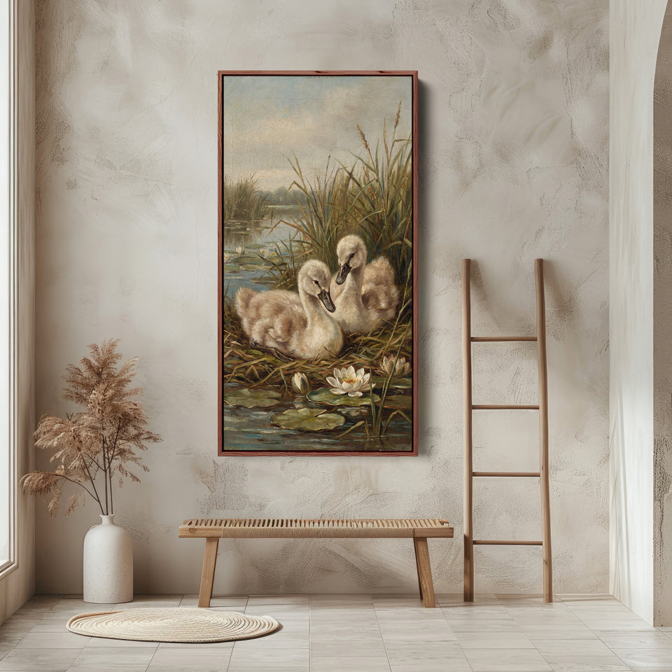 Swan Cygnets Pond Tall Narrow Canvas Vertical Canvas For Bedroom