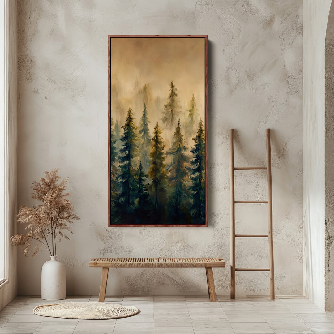 Misty Pine Forest Long Wall Art Tall Canvas For Living Room