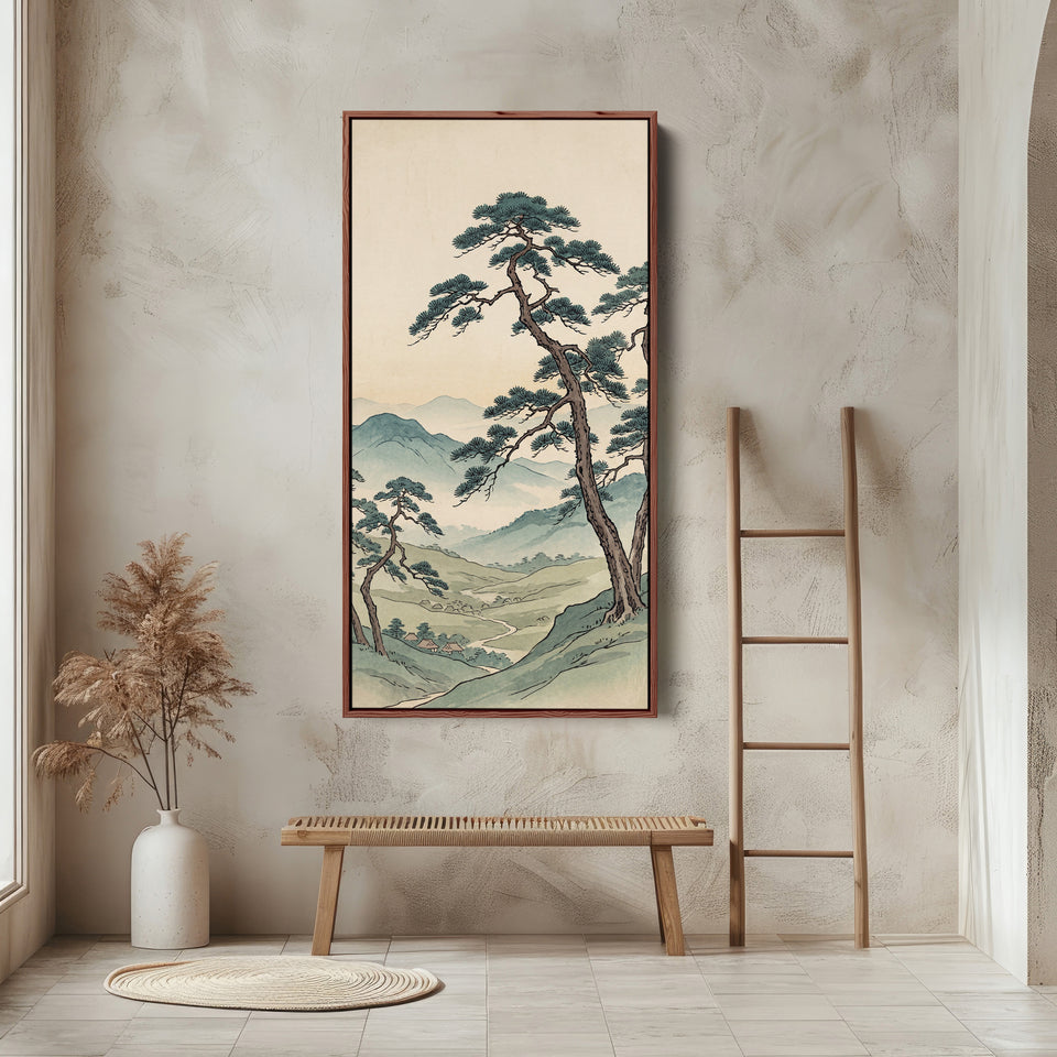Narrow Japanese Wall Art Pine Tree Valley Vertical Canvas For Living Room