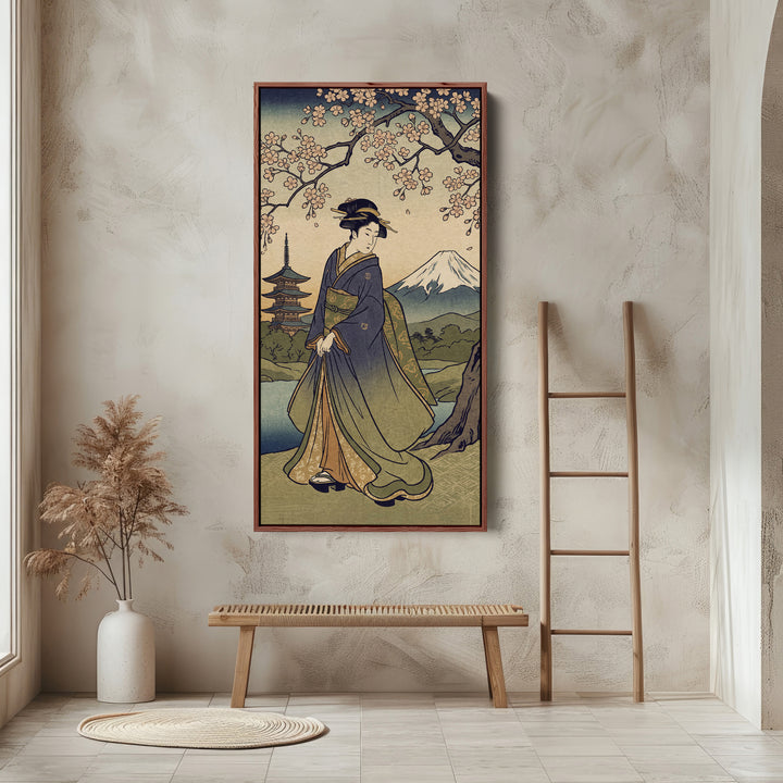 Tall Narrow Canvas Geisha Cherry Blossom Vertical Canvas For Office