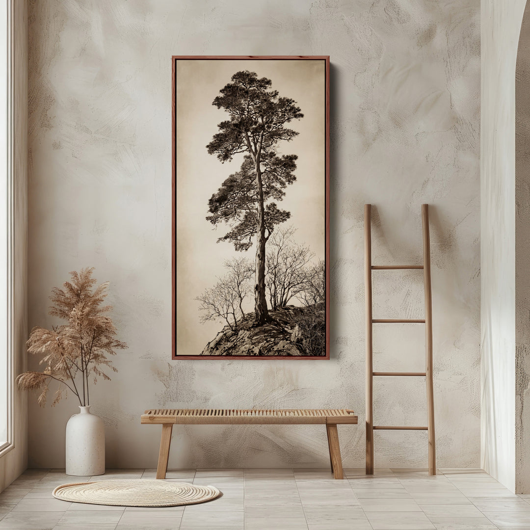 Vertical Wall Art Lone Tree On Rocky Hill Tall Canvas For Living Room