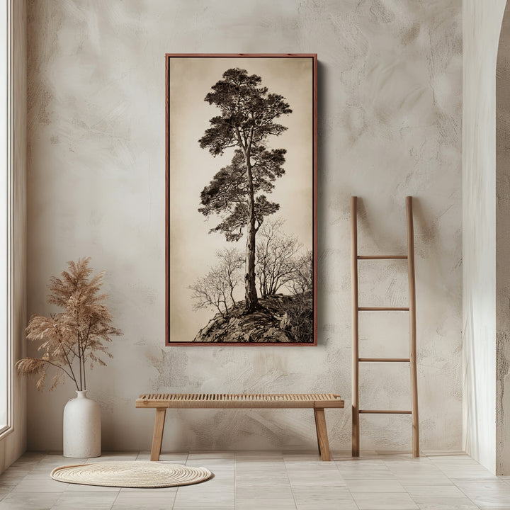Vertical Wall Art Lone Tree On Rocky Hill Tall Canvas For Living Room