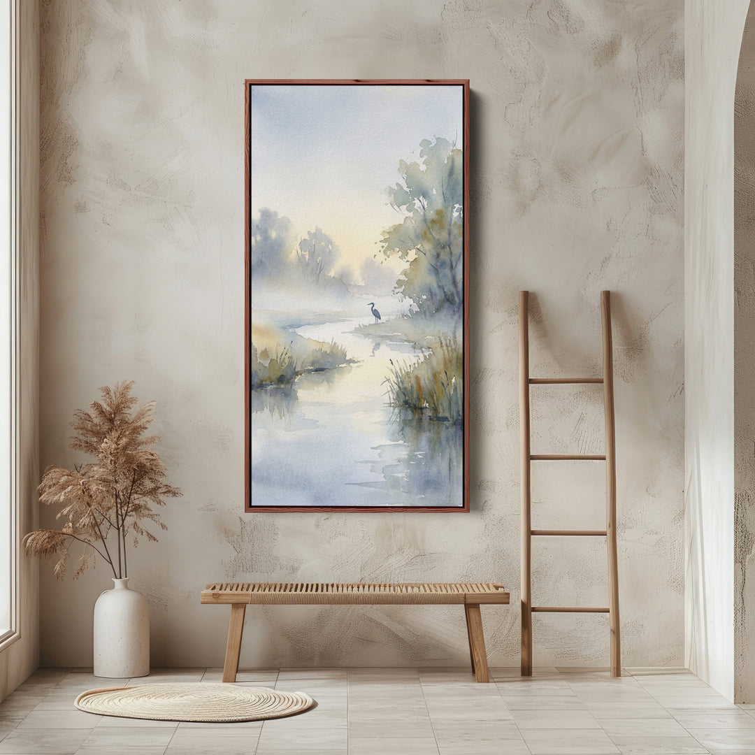Narrow Wall Art Watercolour River Landscape Vertical Canvas For Bedroom