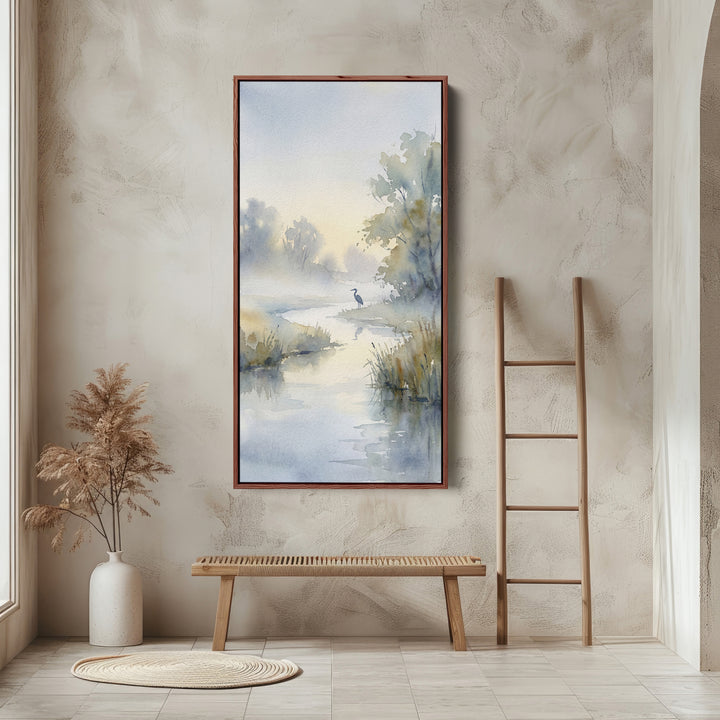 Narrow Wall Art Watercolour River Landscape Vertical Canvas For Bedroom