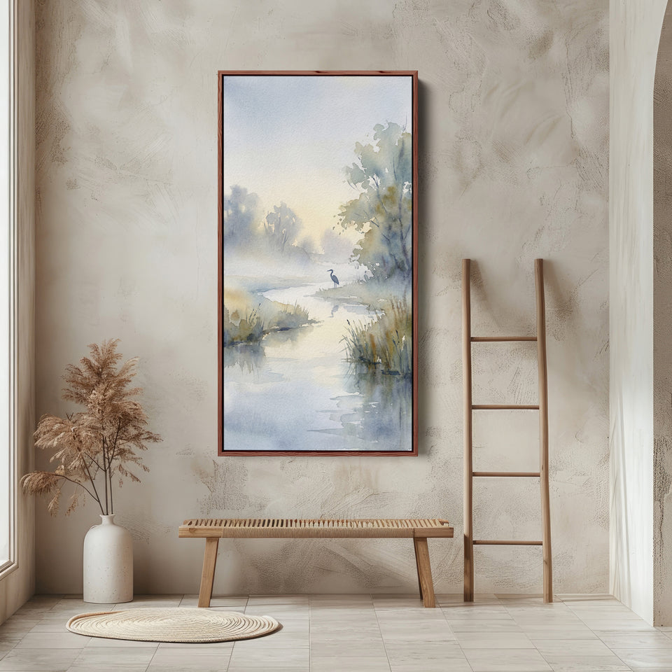 Narrow Wall Art Watercolour River Landscape Vertical Canvas For Bedroom