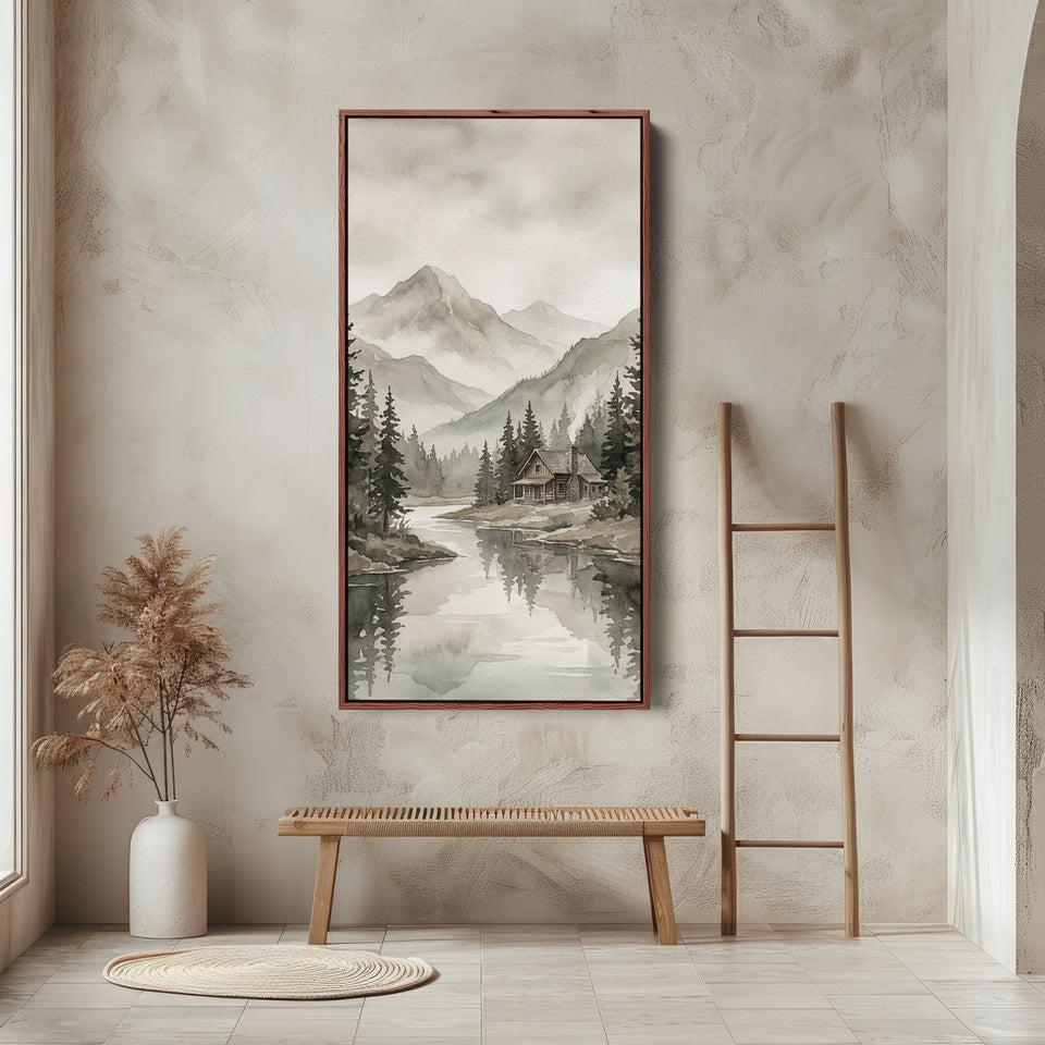 Vertical Wall Art Misty Mountain Lake Cabin Tall Canvas For Living Room