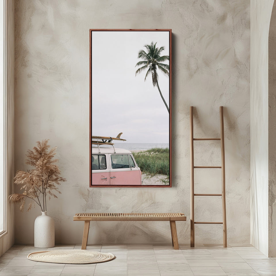 Surf Van And Palm Tree Narrow Wall Art Framed Canvas Print For Bedroom