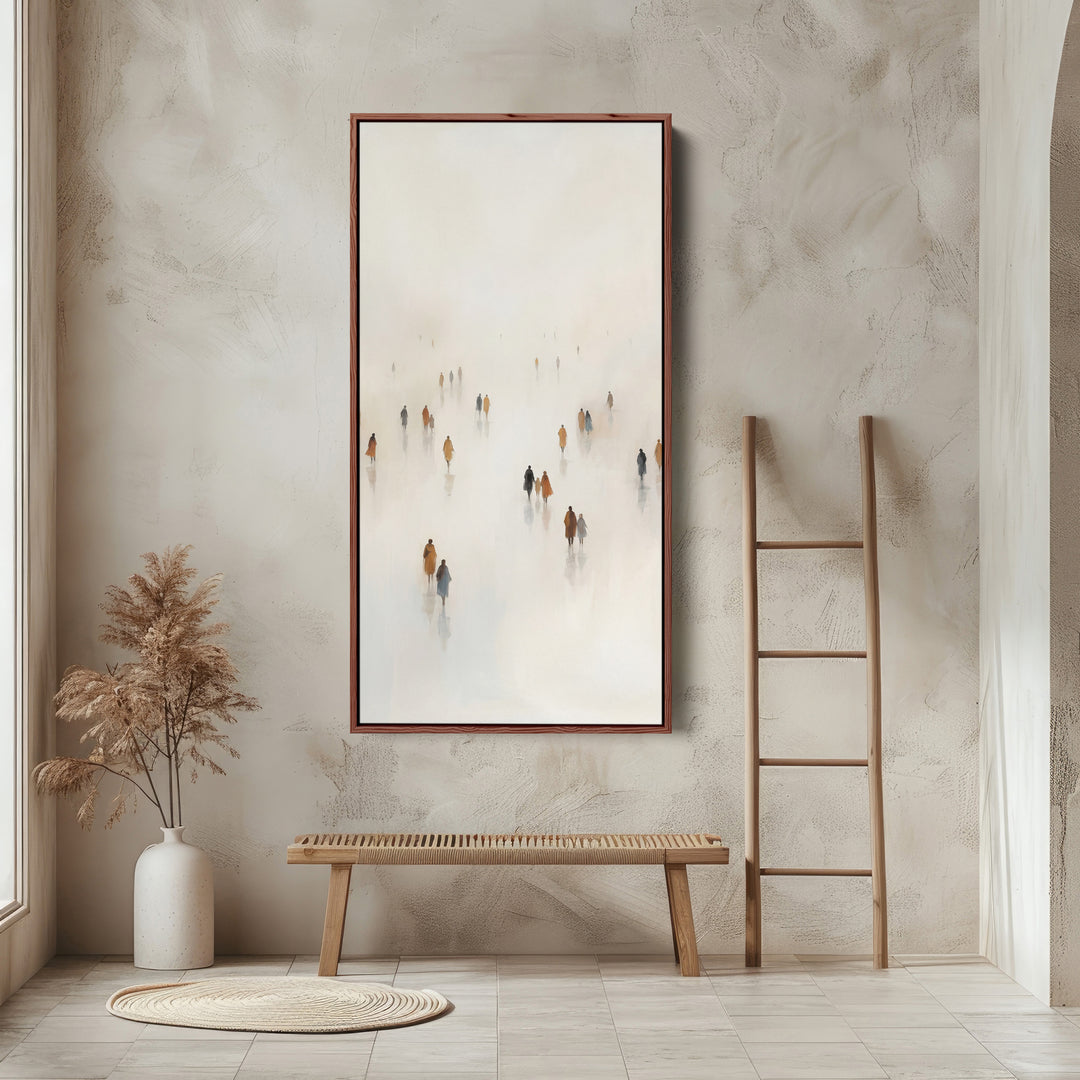 Tall Narrow Canvas For Office Figures Walking In Fog Vertical Canvas