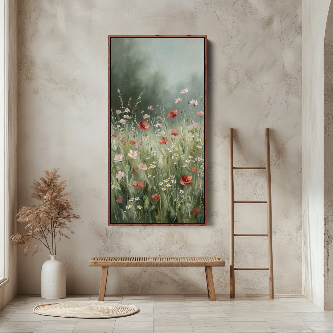 Portrait Wall Art Wildflower Meadow With Poppies Tall Canvas For Bedroom