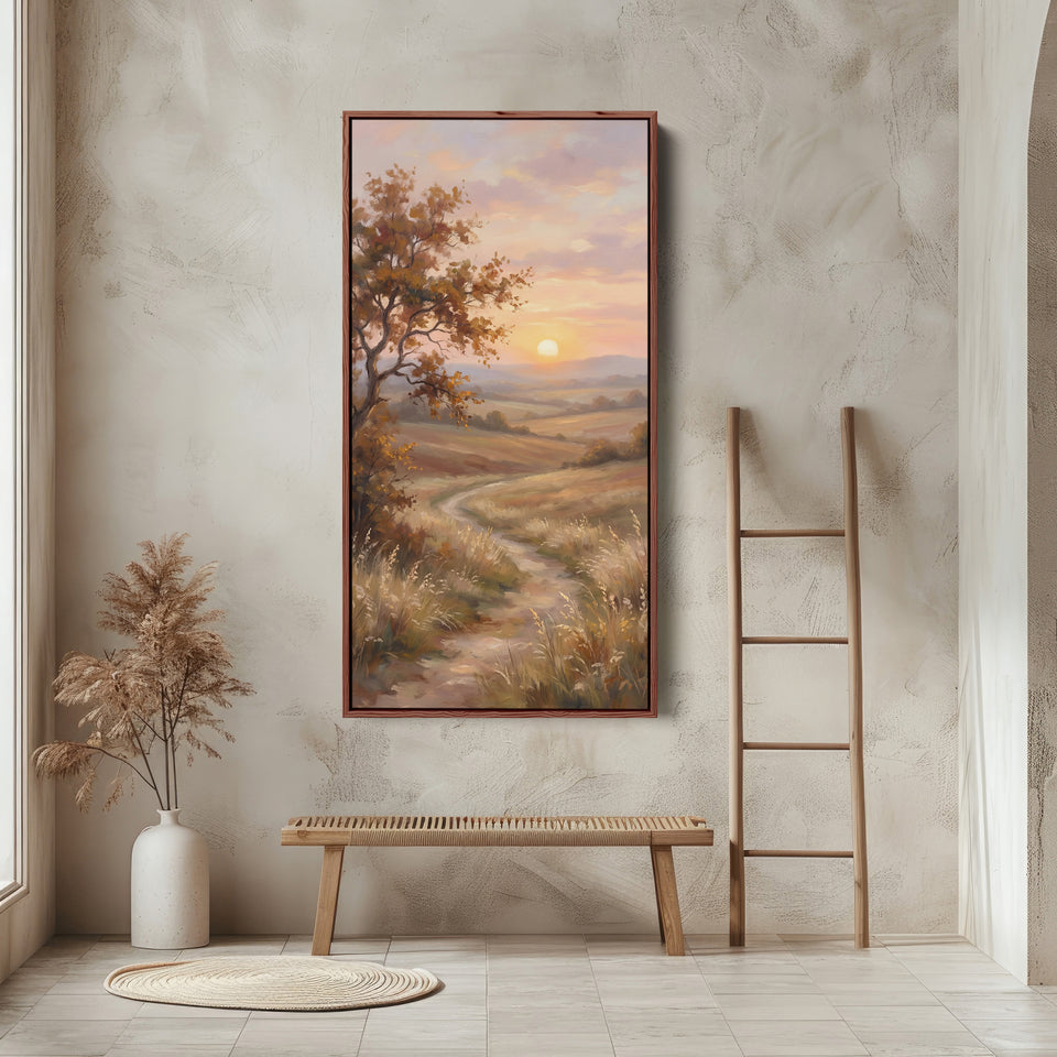 Autumn Tree Sunset Path Tall Framed Canvas Framed Canvas Print For Bedroom