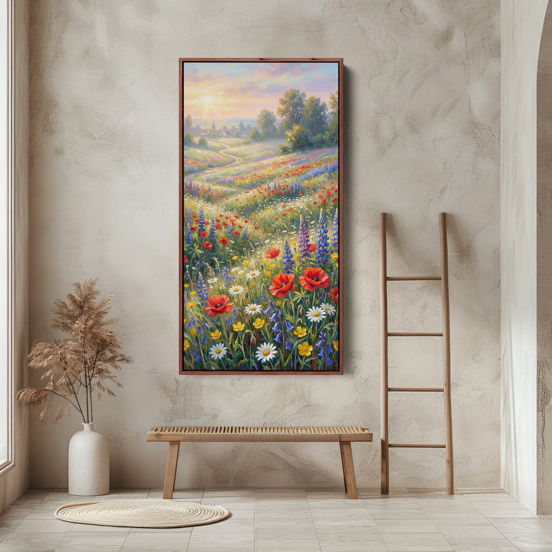Narrow Wall Art Bright Wildflower Field Portrait Wall Art For Office