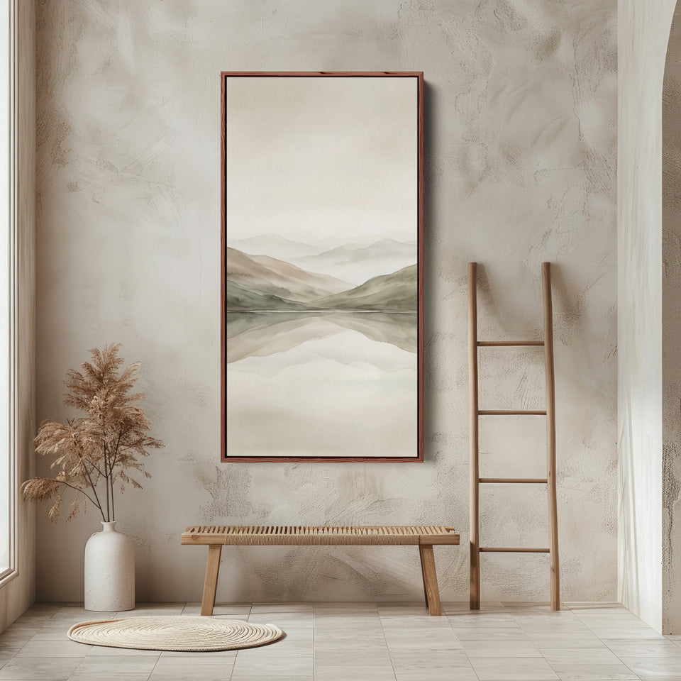 Minimal Misty Mountains Reflection Tall Narrow Canvas Framed Canvas Print For Bedroom