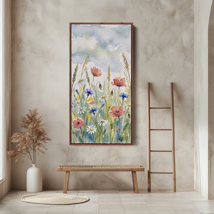 Tall Canvas Large Vertical Wall Art Watercolour Wildflowers And Poppies For Hallway