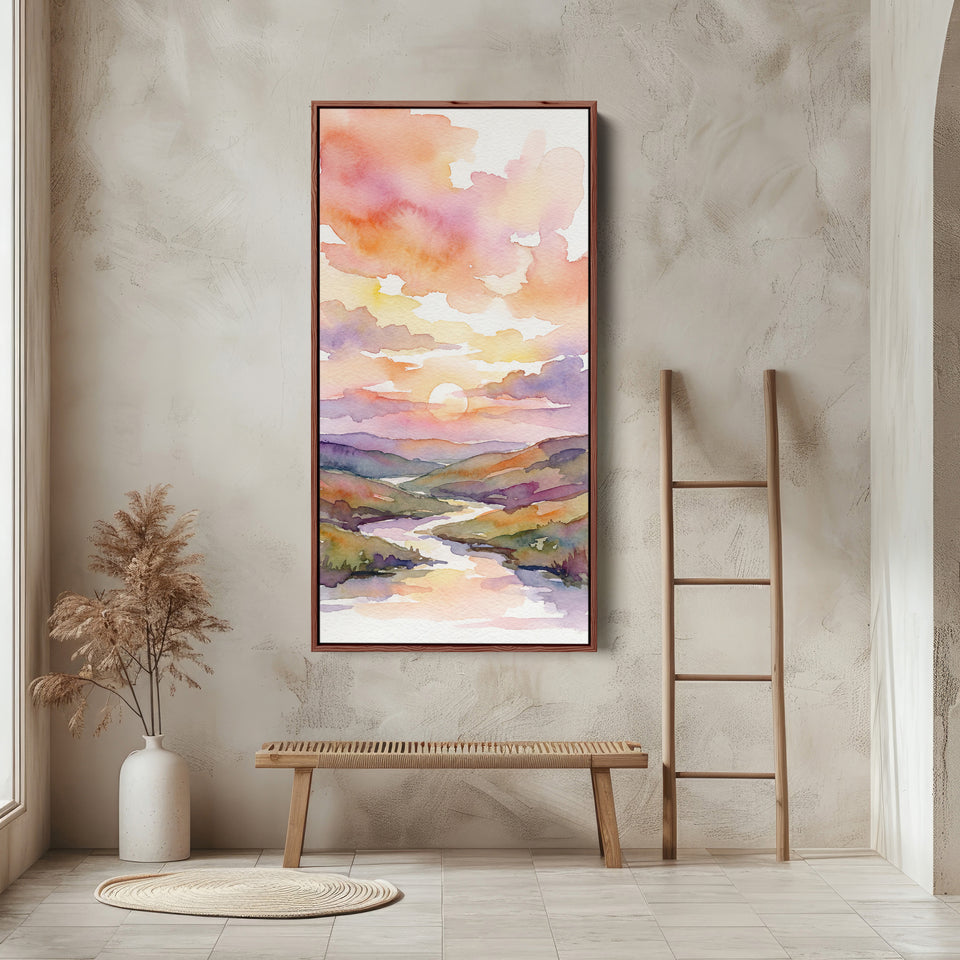 Portrait Wall Art For Office Watercolour Sunset Over River Vertical Canvas