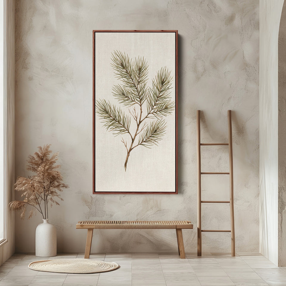 Tall Framed Canvas Pine Branch Botanical Portrait Wall Art For Office