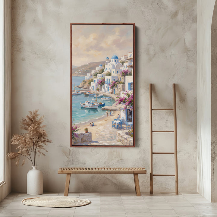 Coastal Village Harbour Boats Vertical Wall Art Framed Canvas Print For Bedroom
