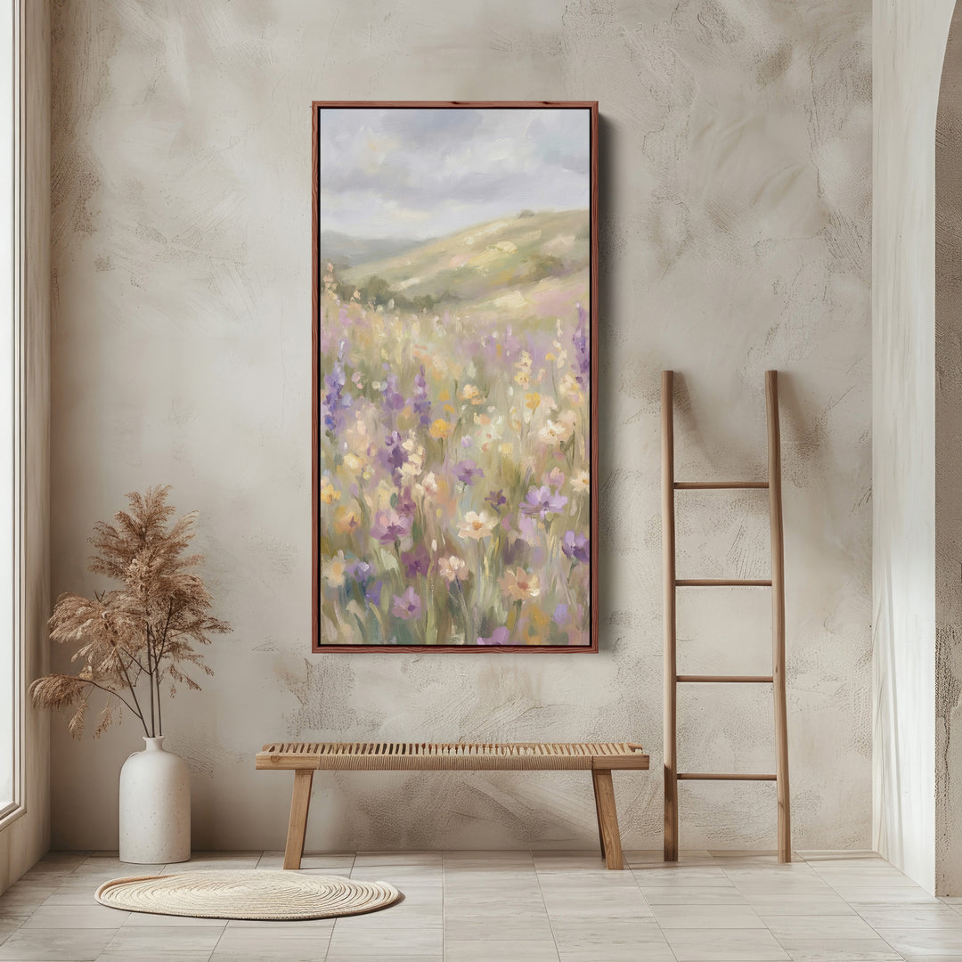 Tall Narrow Canvas Soft Focus Wildflower Meadow Portrait Wall Art For Office