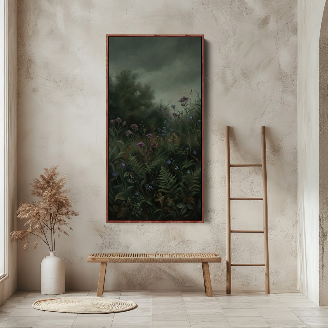 Large Vertical Wall Art Tall Framed Canvas Dark Forest Flowers And Ferns For Hallway