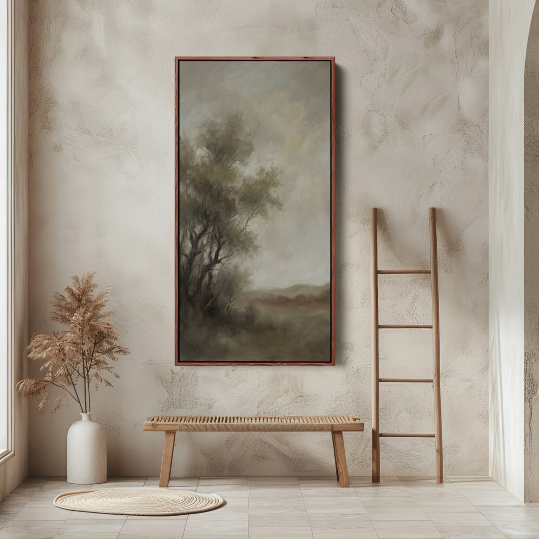 Long Wall Art For Office Foggy Tree Landscape Vertical Canvas