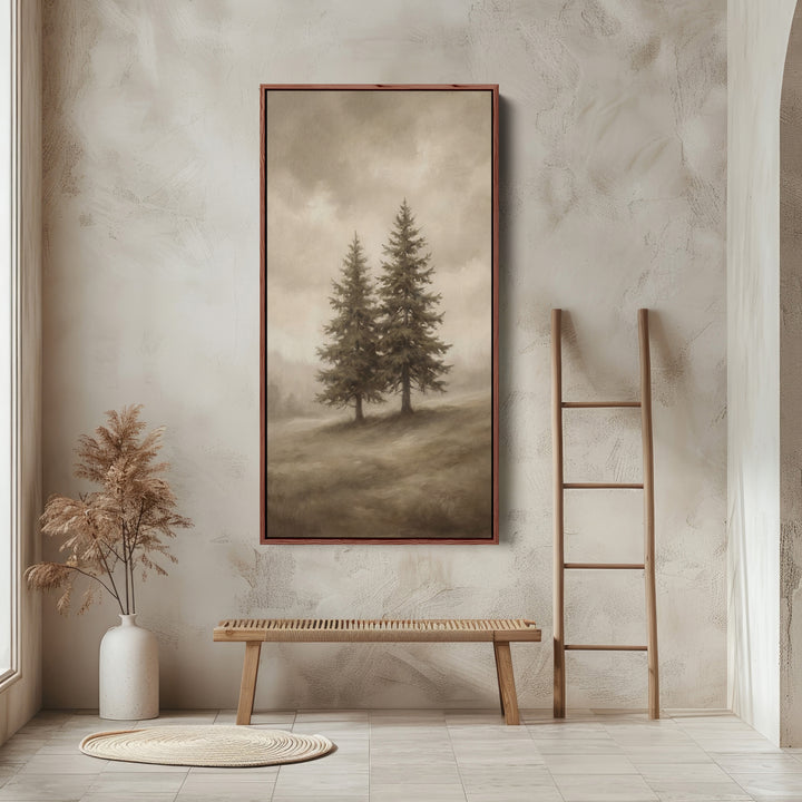 Narrow Wall Art Two Pine Trees In Fog Tall Canvas For Living Room