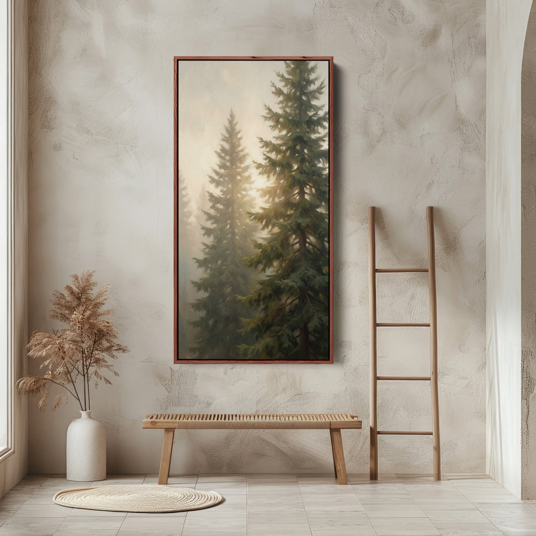 Evergreen Trees In Haze Tall Wall Art Framed Canvas Print For Bedroom