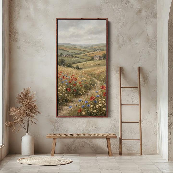 Portrait Wall Art Countryside Hills With Wildflowers Large Vertical Wall Art For Office