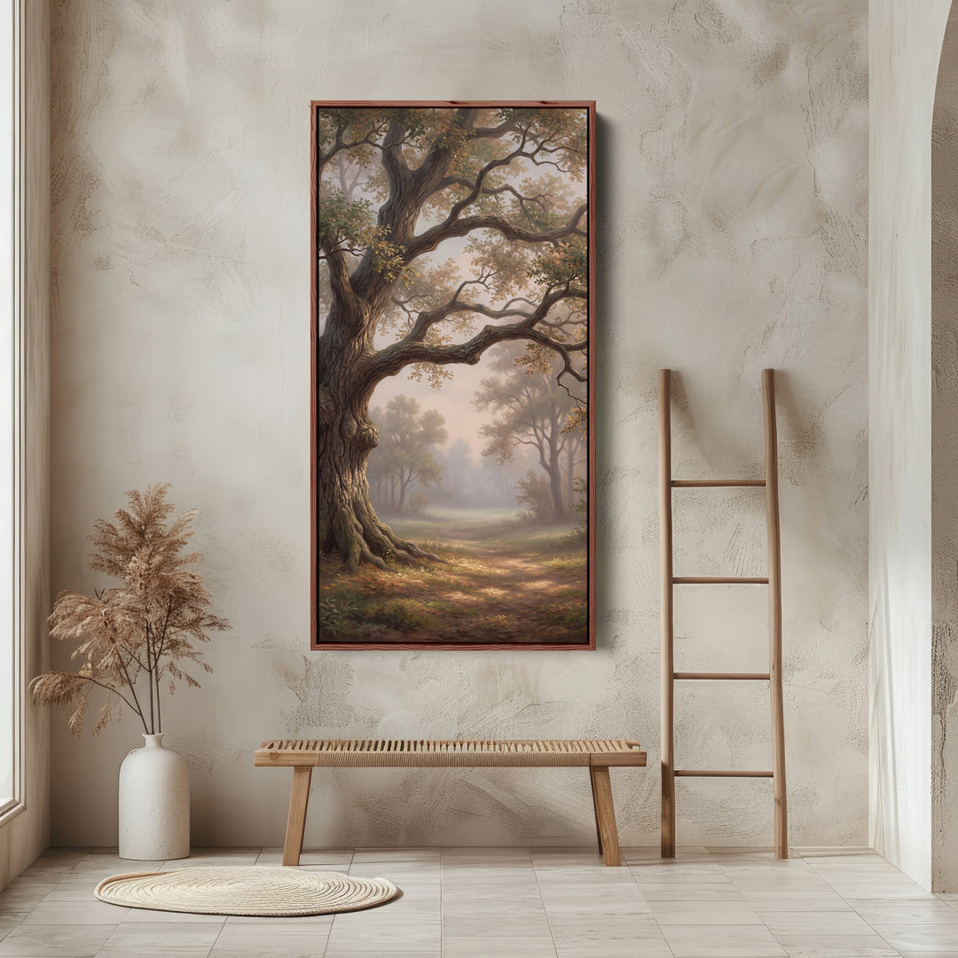 Large Oak By Woodland Path Long Wall Art Framed Canvas Print For Bedroom