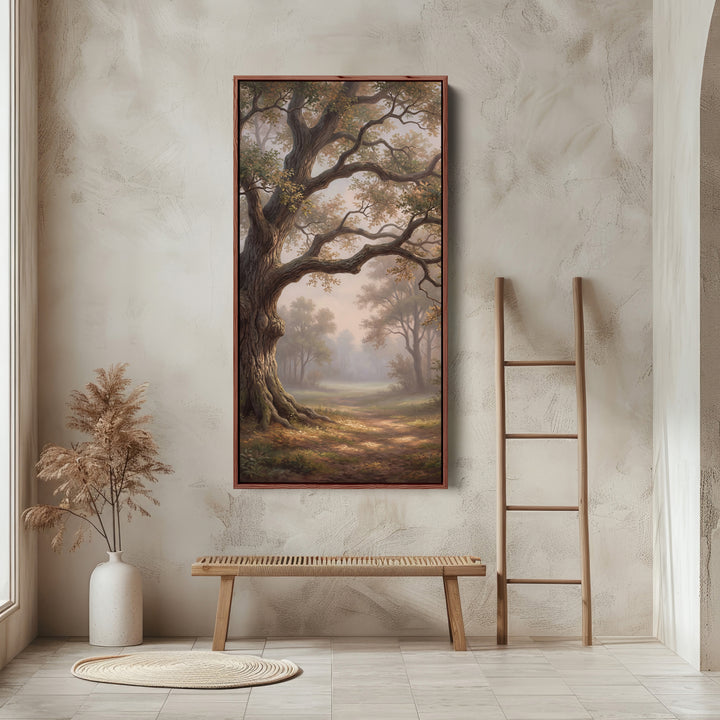 Large Oak By Woodland Path Long Wall Art Framed Canvas Print For Bedroom
