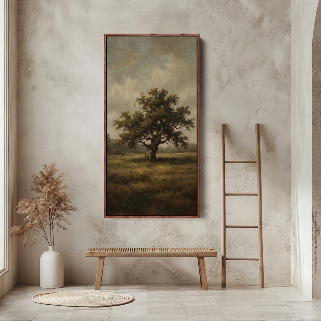 Lone Tree In Field Large Vertical Wall Art Framed Canvas Print For Bedroom