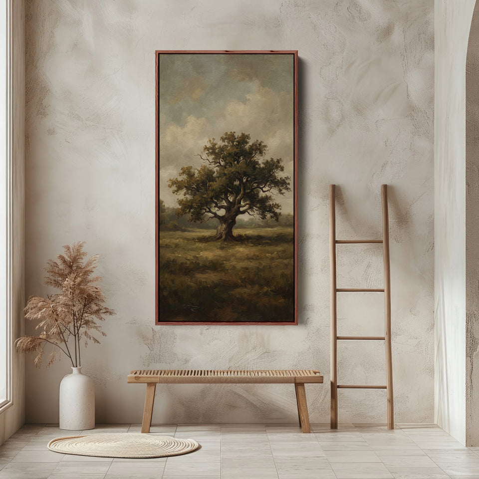 Lone Tree In Field Large Vertical Wall Art Framed Canvas Print For Bedroom