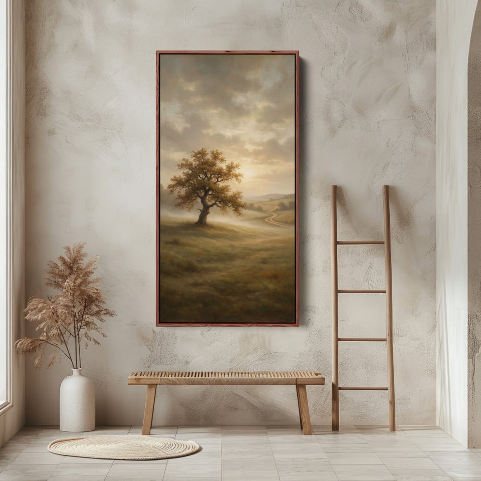 Lone Tree Misty Landscape Narrow Wall Art Framed Canvas Print For Bedroom