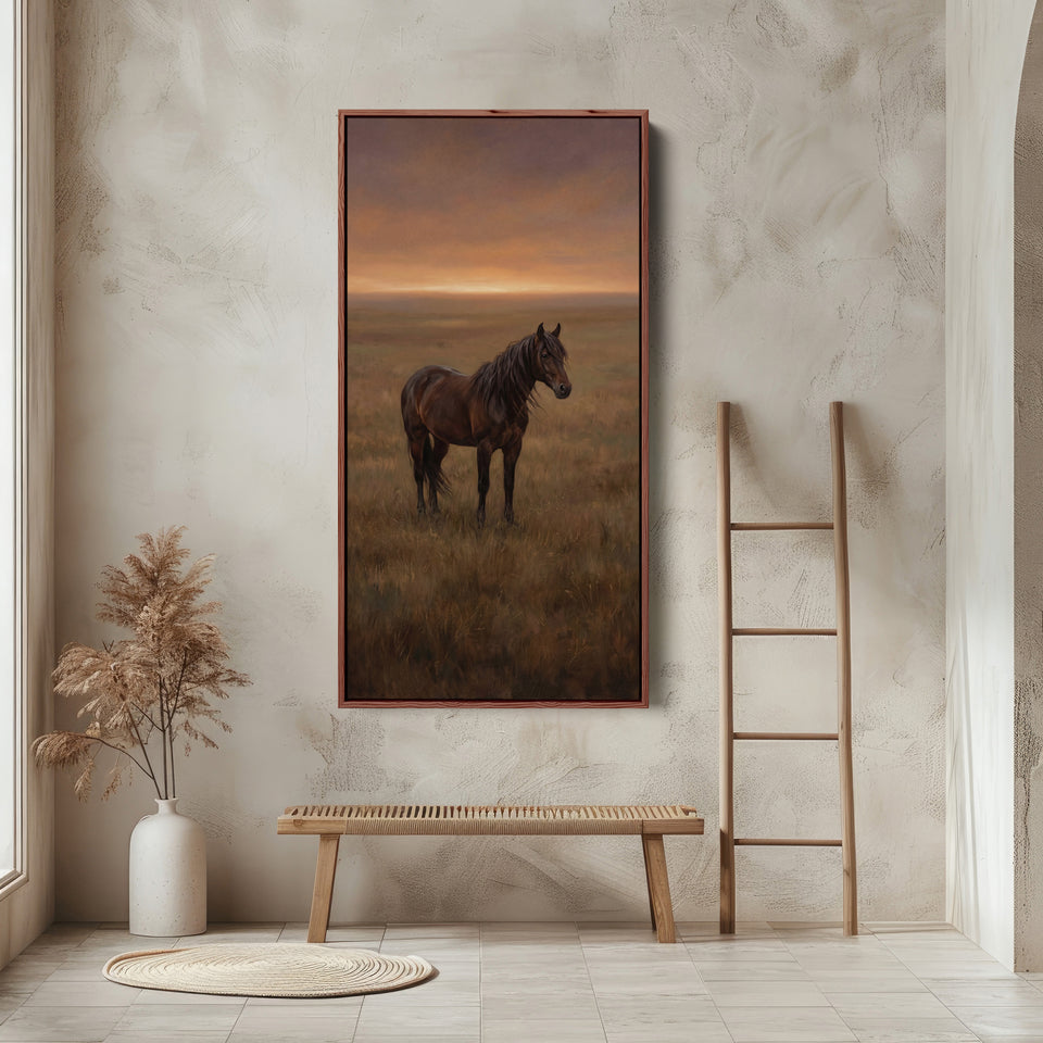 Vertical Wall Art For Bedroom Horse In Sunset Field Vertical Canvas