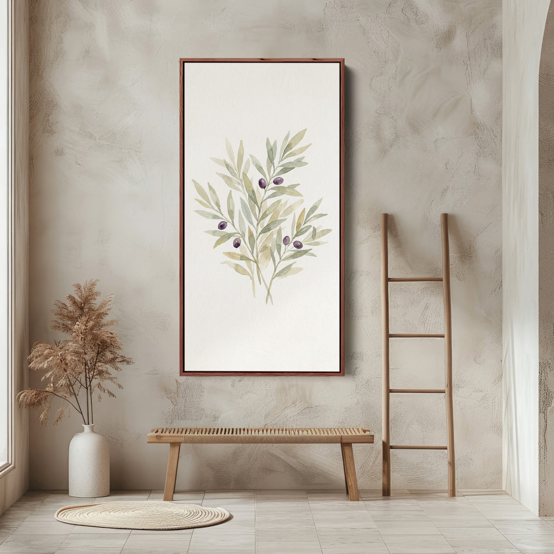 Olive Branch Botanical Tall Narrow Canvas Framed Canvas Print For Living Room