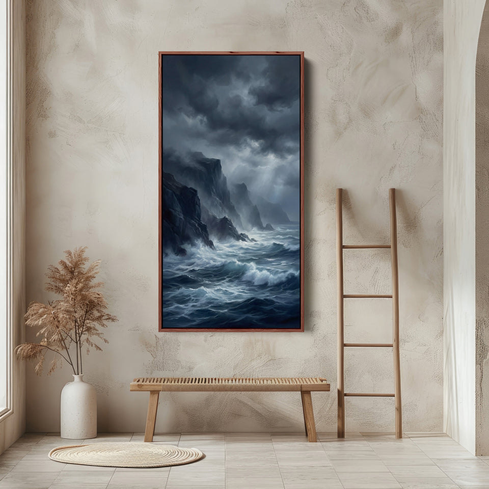 Tall Canvas Large Vertical Wall Art Stormy Sea And Cliffs For Hallway