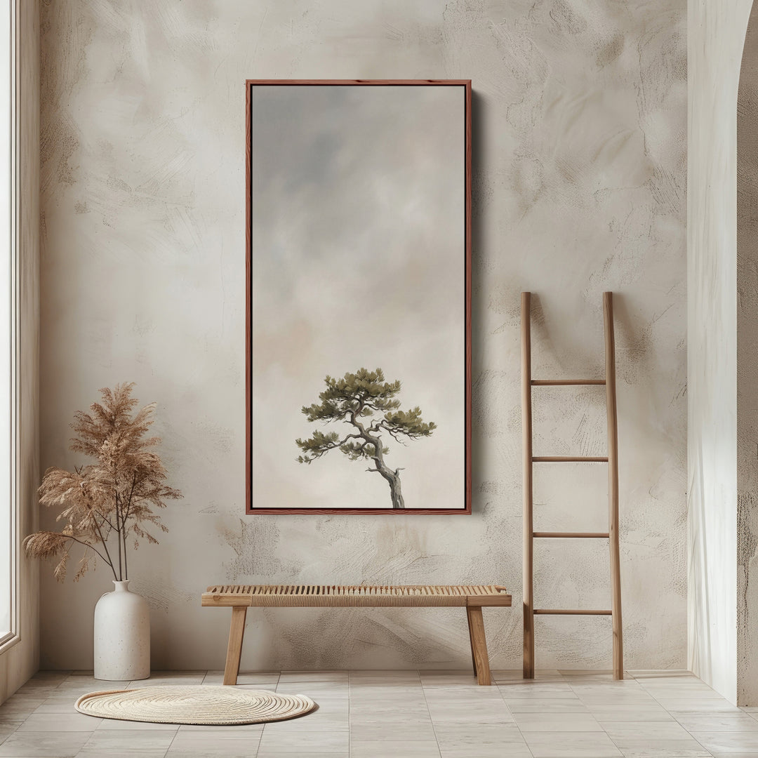 Tall Framed Canvas Windswept Tree In Fog Portrait Wall Art For Kitchen