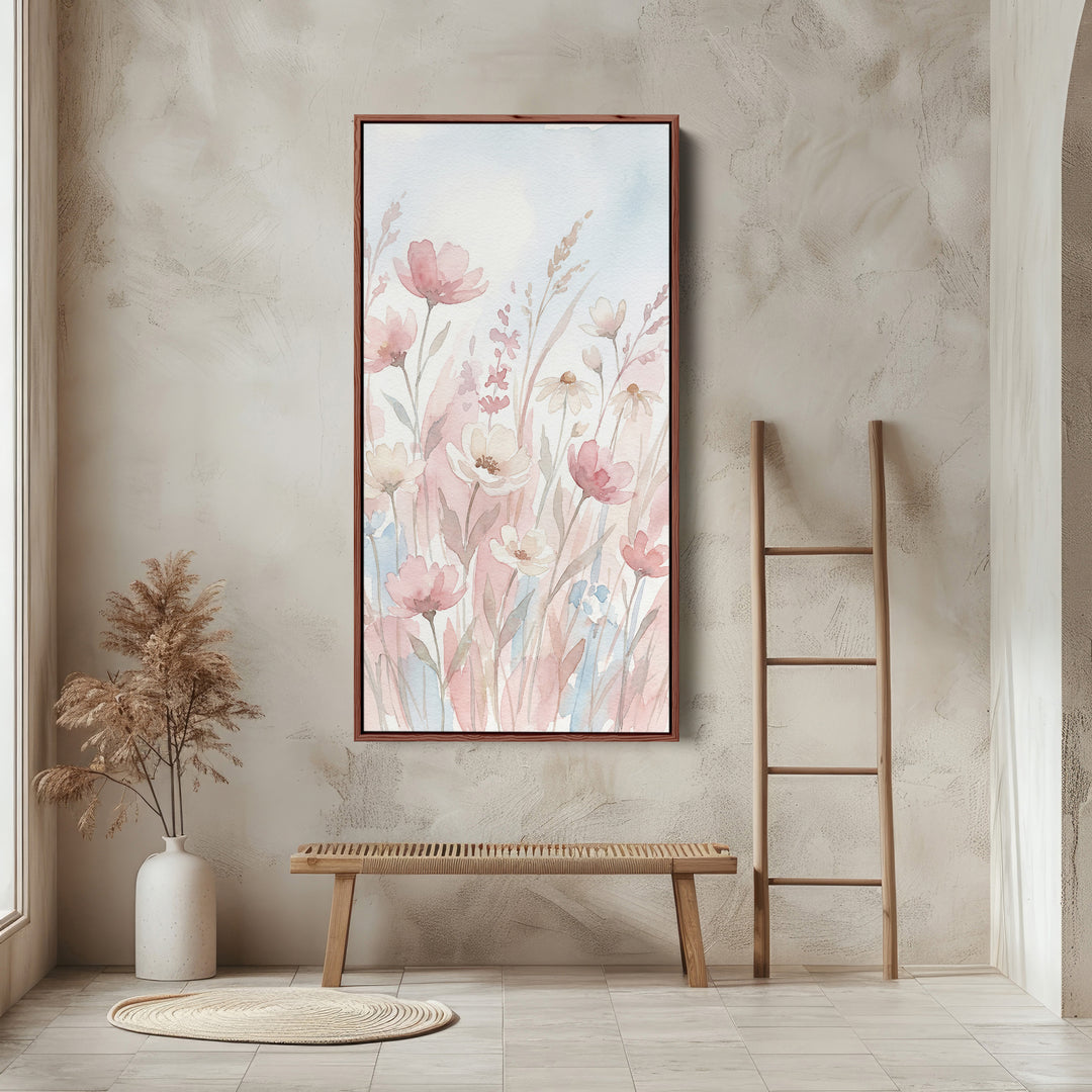 Long Wall Art Soft Pink Watercolour Flowers Tall Canvas For Bedroom