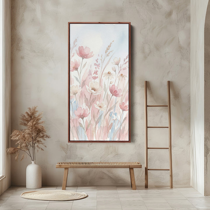 Long Wall Art Soft Pink Watercolour Flowers Tall Canvas For Bedroom