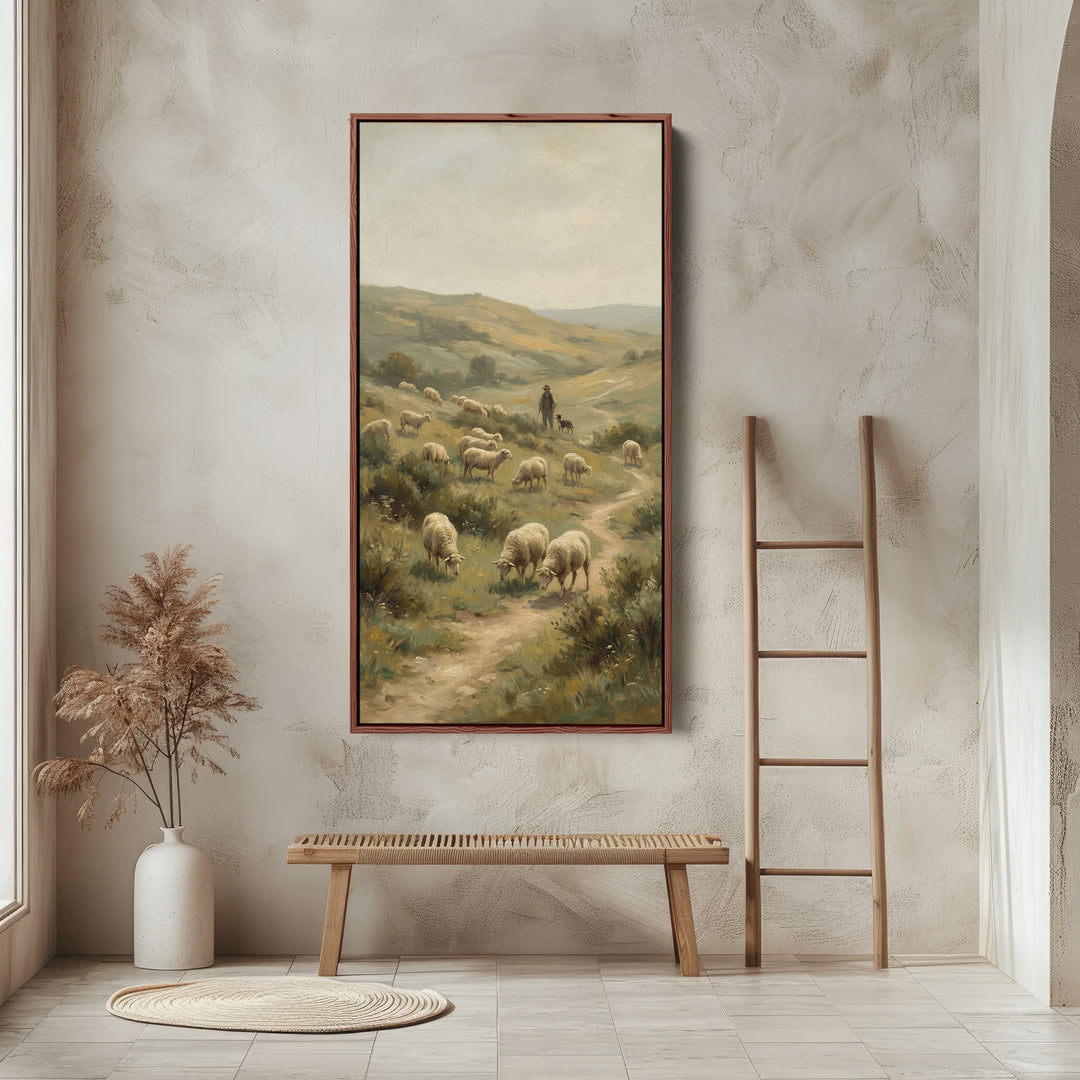 Shepherd With Sheep Hillside Vertical Wall Art Framed Canvas Print For Office