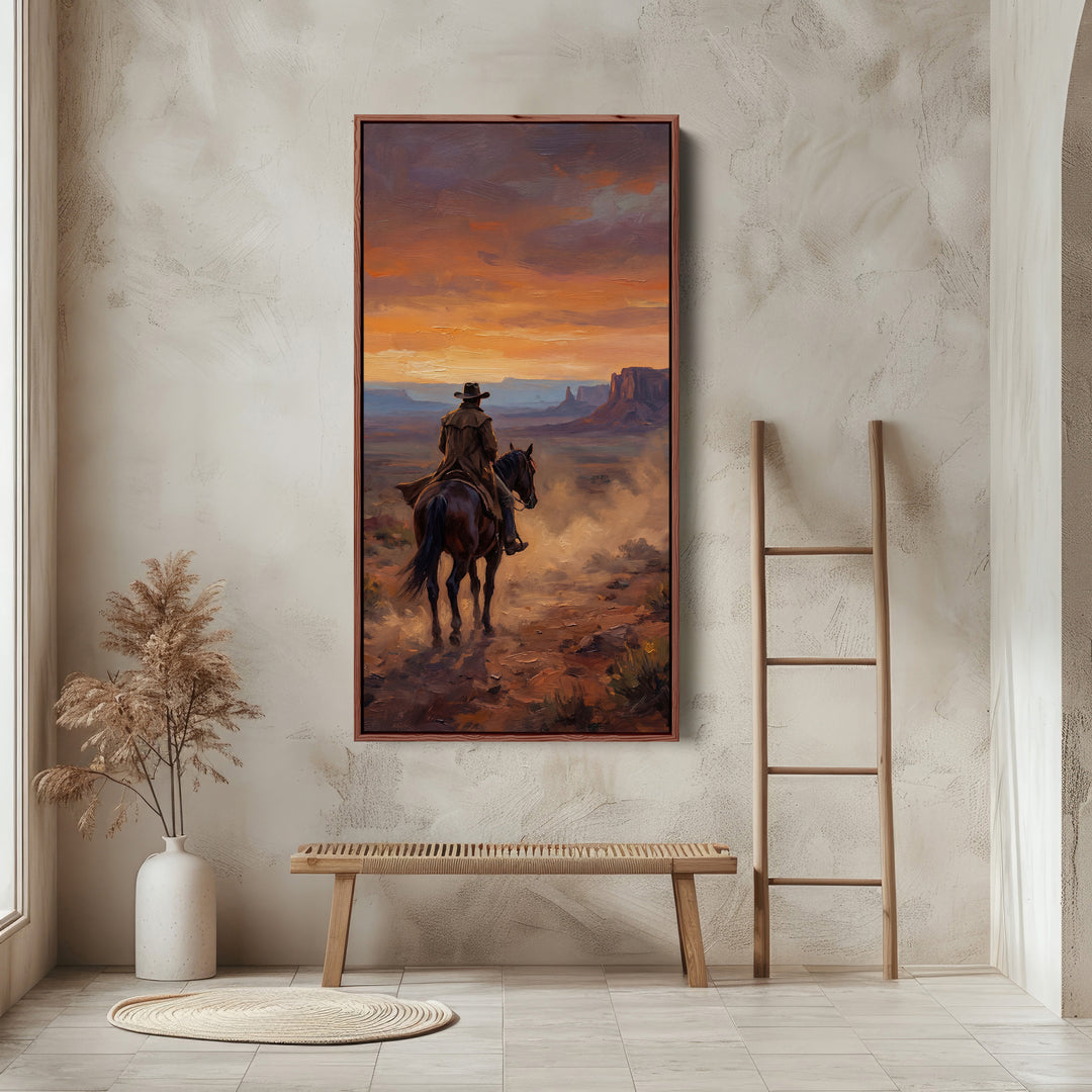 Tall Wall Art For Bedroom Cowboy On Horse At Sunset Vertical Canvas