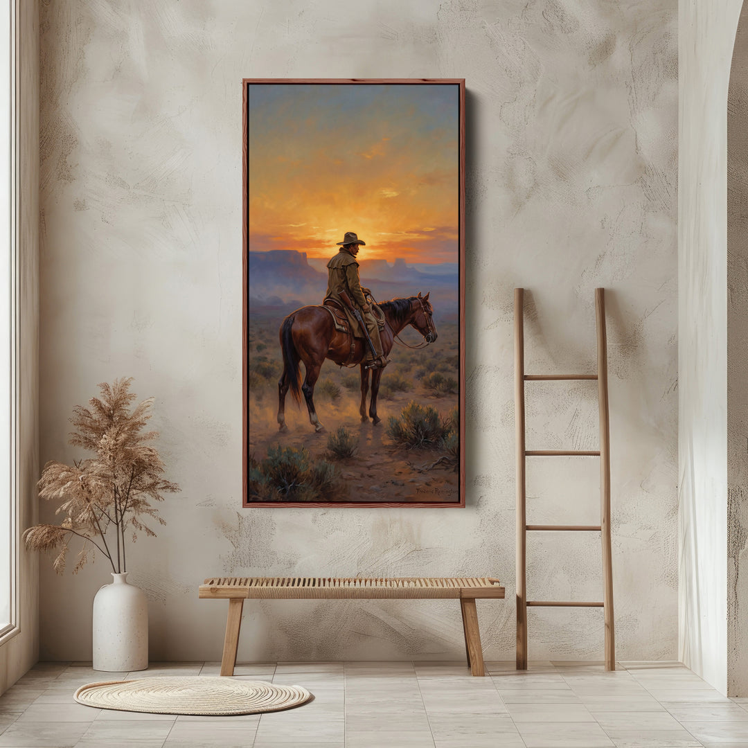 Tall Narrow Canvas Rider On Horse Desert Sunset Portrait Wall Art For Kitchen