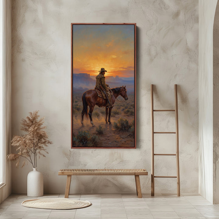 Tall Narrow Canvas Rider On Horse Desert Sunset Portrait Wall Art For Kitchen