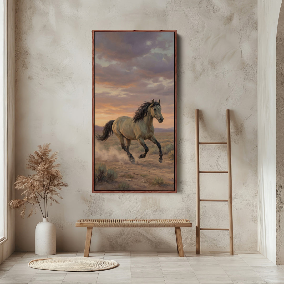 Running Horse In Desert Portrait Wall Art Framed Canvas Print For Office