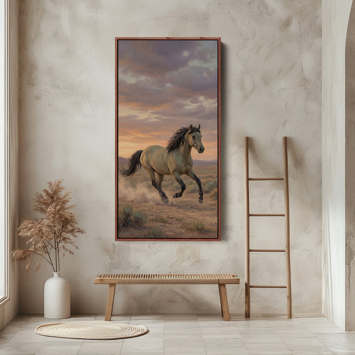 Running Horse In Desert Portrait Wall Art Framed Canvas Print For Office