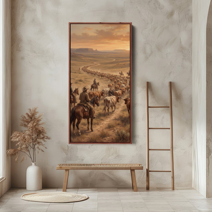 Large Vertical Wall Art Tall Framed Canvas Cattle Drive With Cowboys For Hallway