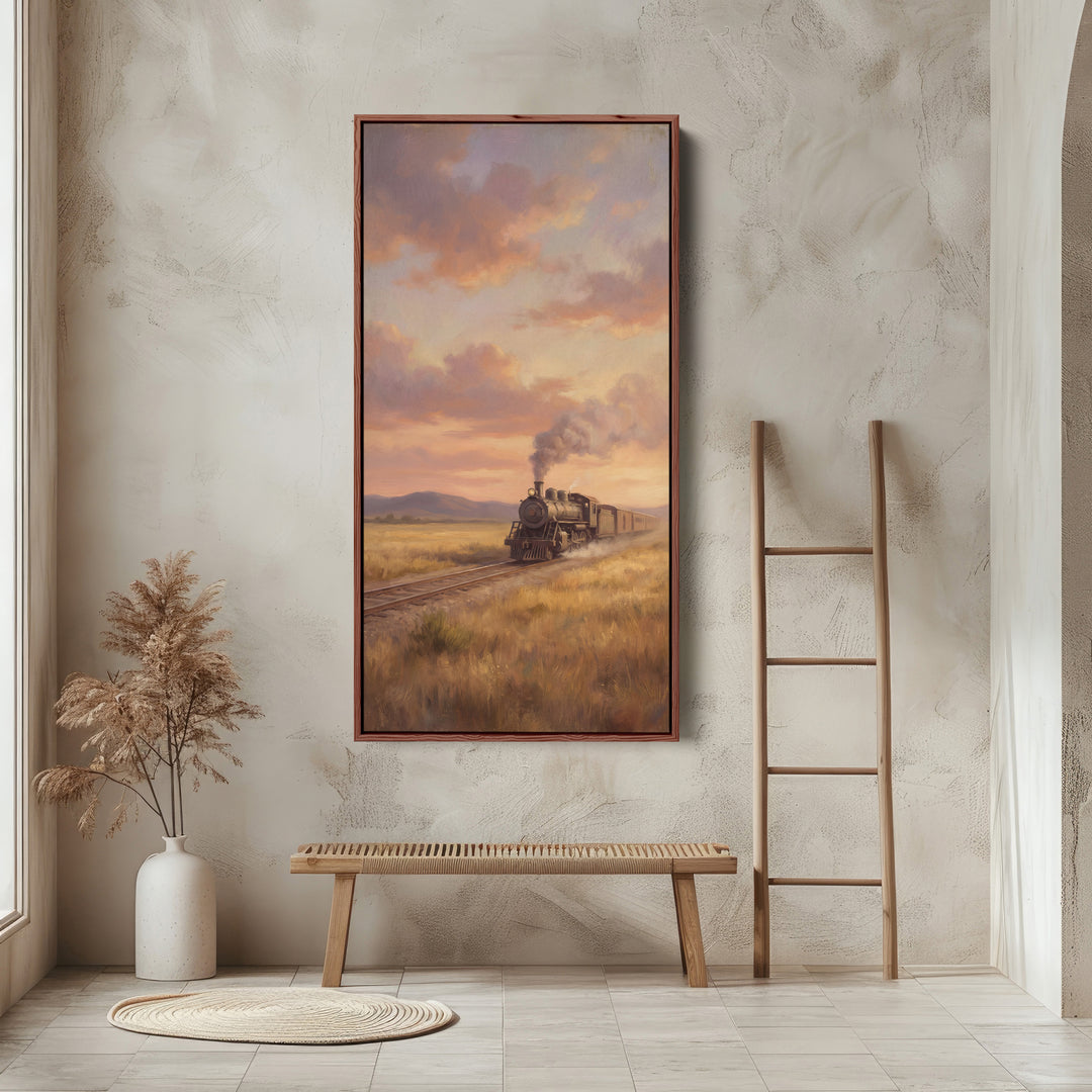 Narrow Wall Art Steam Train At Sunset Tall Canvas For Kitchen