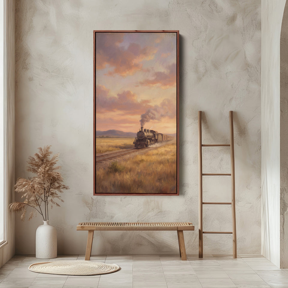 Narrow Wall Art Steam Train At Sunset Tall Canvas For Kitchen