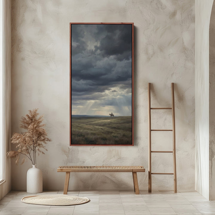 Storm Clouds With Lone Rider Tall Wall Art Framed Canvas Print For Office