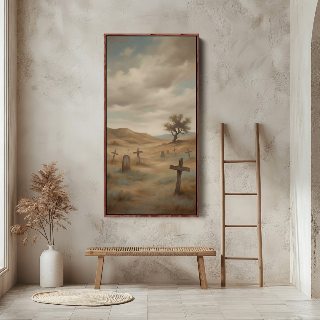 Large Vertical Wall Art Tall Narrow Canvas Graveyard Crosses In Mist For Office